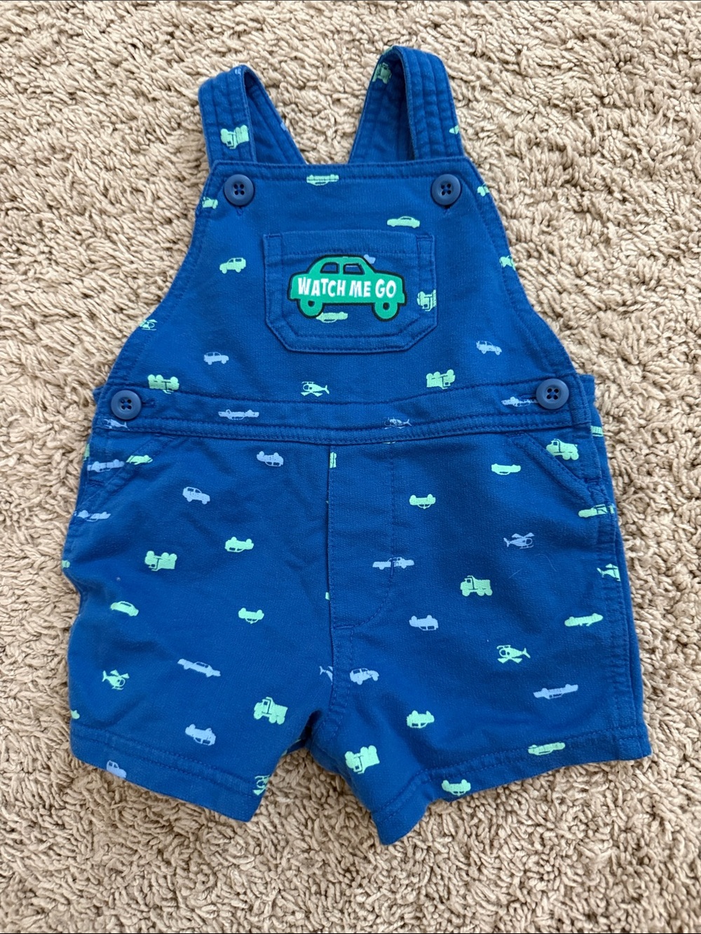 Kidgets Blue Short Overalls with Green Vehicle Patch